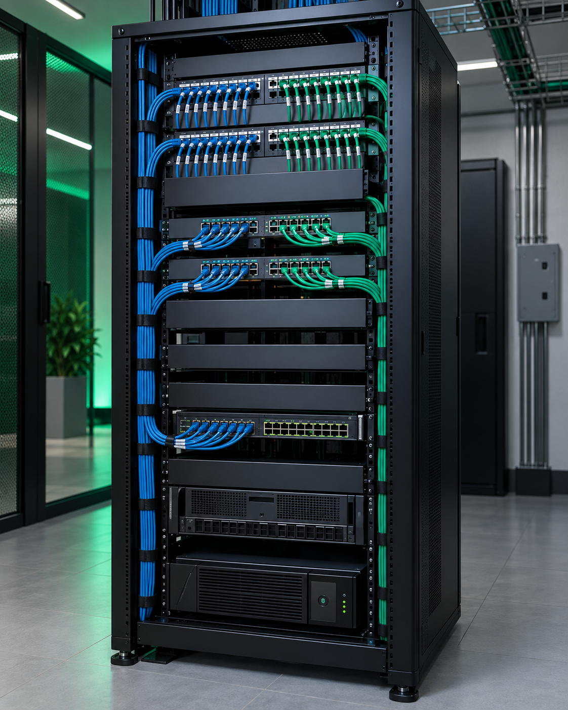 Ilustração profissional de rack com cabeamento estruturado organizado